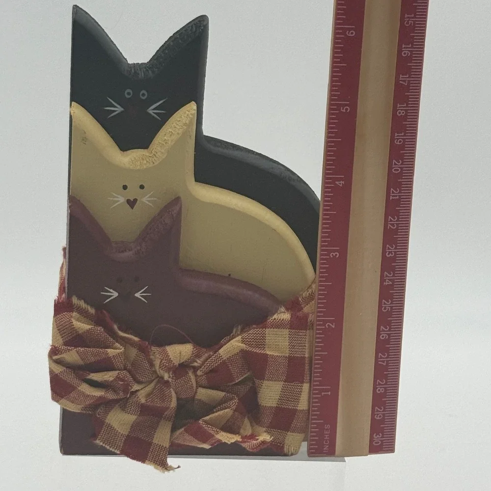 Primitive Wooden Cat Trio Figurine Rustic Folk Art Farmhouse Decor Gingham Bow